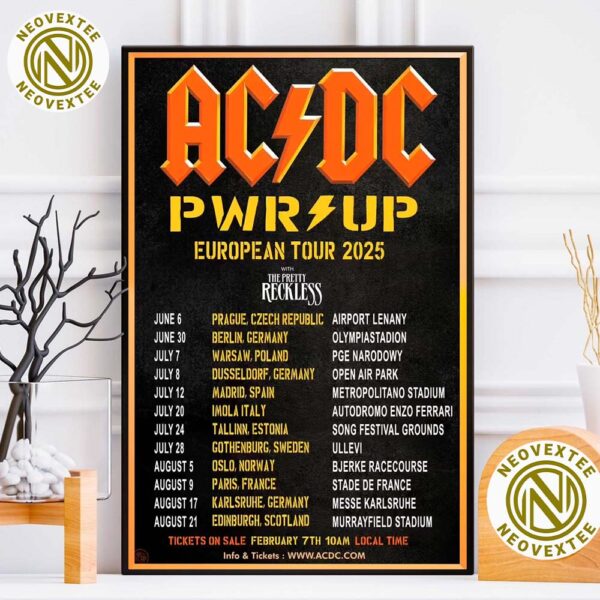 AC DC PWR UP European Tour 2025 With The Pretty Reckless Schedule List Dates Home Decor Poster Canvas