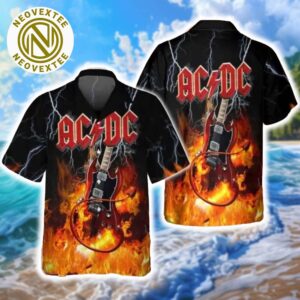 ACDC Thunderstruck Guitar Flames Black Background Summer Gift For Family 2025 Hawaiian Shirt