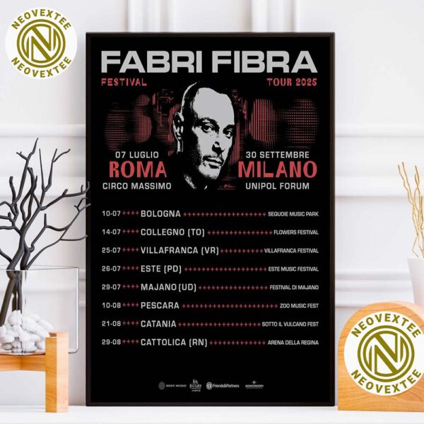 Fabri Fibra Festival Tour 2025 Roma 07 Luglio And Milano 30 Settembre List Dates Poster Canvas