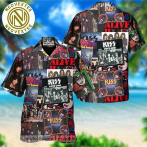 Kiss Rock Album Art Collage Classic Rock Icons Vibrant Summer 2025 Hawaiian Shirt