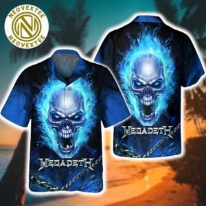 Megadeth Rock Band Aloha Skull Fire Black And Blue Background Gift For Fan Hawaiian Shirt 2025