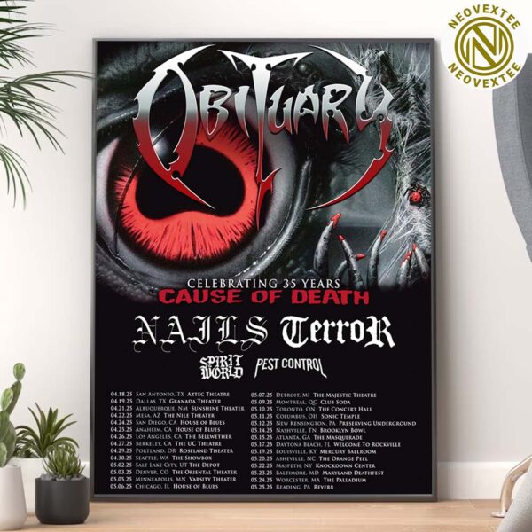 Obituary North America Headline 2025 Tour 35 Years Of Cause Of Death Home Decor Poster Canvas