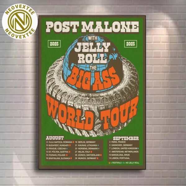 Post Malone With Jelly Roll The BIG ASS Stadium Tour 2025 On August And September Dates List Home Decor Poster Canvas