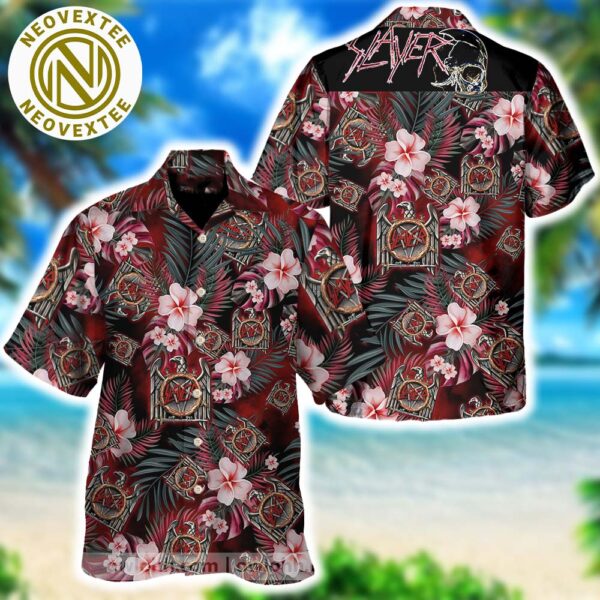 Slayer Floral Pattern With Eagle Logo Aloha Summer 2025 Hawaiian Shirt