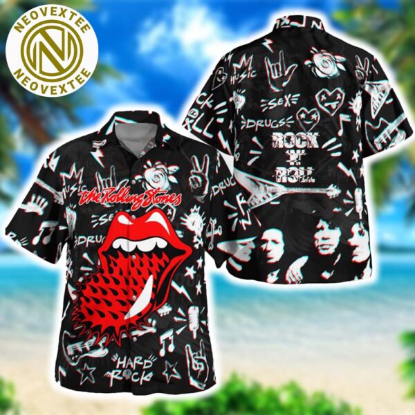 The Rolling Stones Rock Band Big Logo And Black Background Hawaiian Shirt For Summer