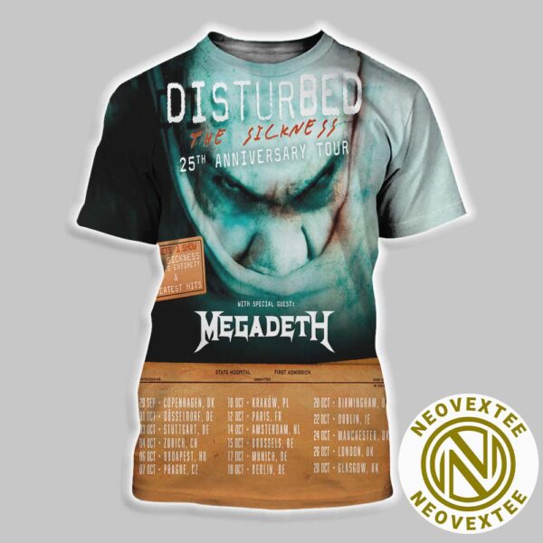 Disturbed The Sickness 25th Anniversary Tour 2025 Dates List With Special Guest Megadeth All Over Print Shirt