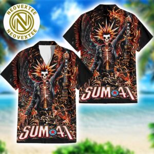 Sum 41 Skeleton Swirling Flames With Bacl Background Aloha 2025 Hawaiian Shirt