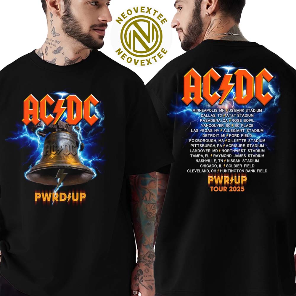 ACDC Hells Bells Lightning With Dates List For PWR UP Tour 2025 Two Sided Print Unisex T-Shirt ACDC Hells Bells Lightning With Dates List For PWR UP Tour 2025 Two Sided Print Unisex T-Shirt