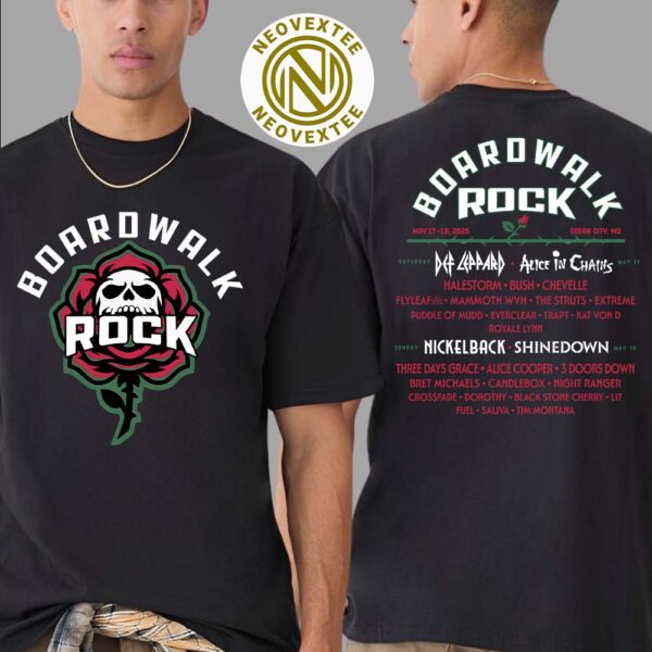 Boardwalk Rock Festival Lineup Skull And Roses For Ocean City MD On May 17-18 2025 Two Sided Print T-Shirt