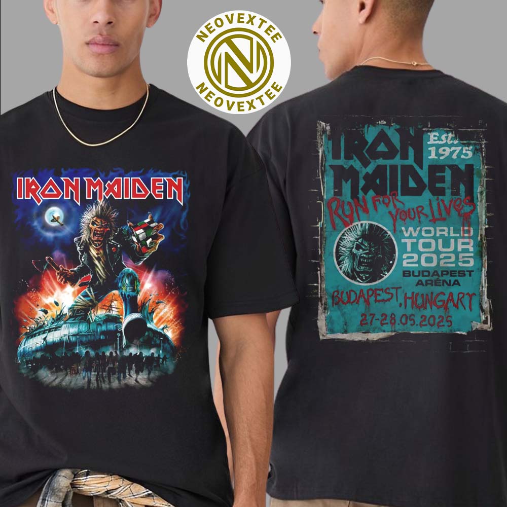 Iron Maiden Budapest Hungary On May 27-28 Run For Your Lives Tour 2025 Merch Tee At Budapest Arena Two Sided Print Vintage T-Shirt Iron Maiden Budapest Hungary On May 27-28 Run For Your Lives Tour 2025 Merch Tee At Budapest Arena Two Sided Print Vintage T-Shirt