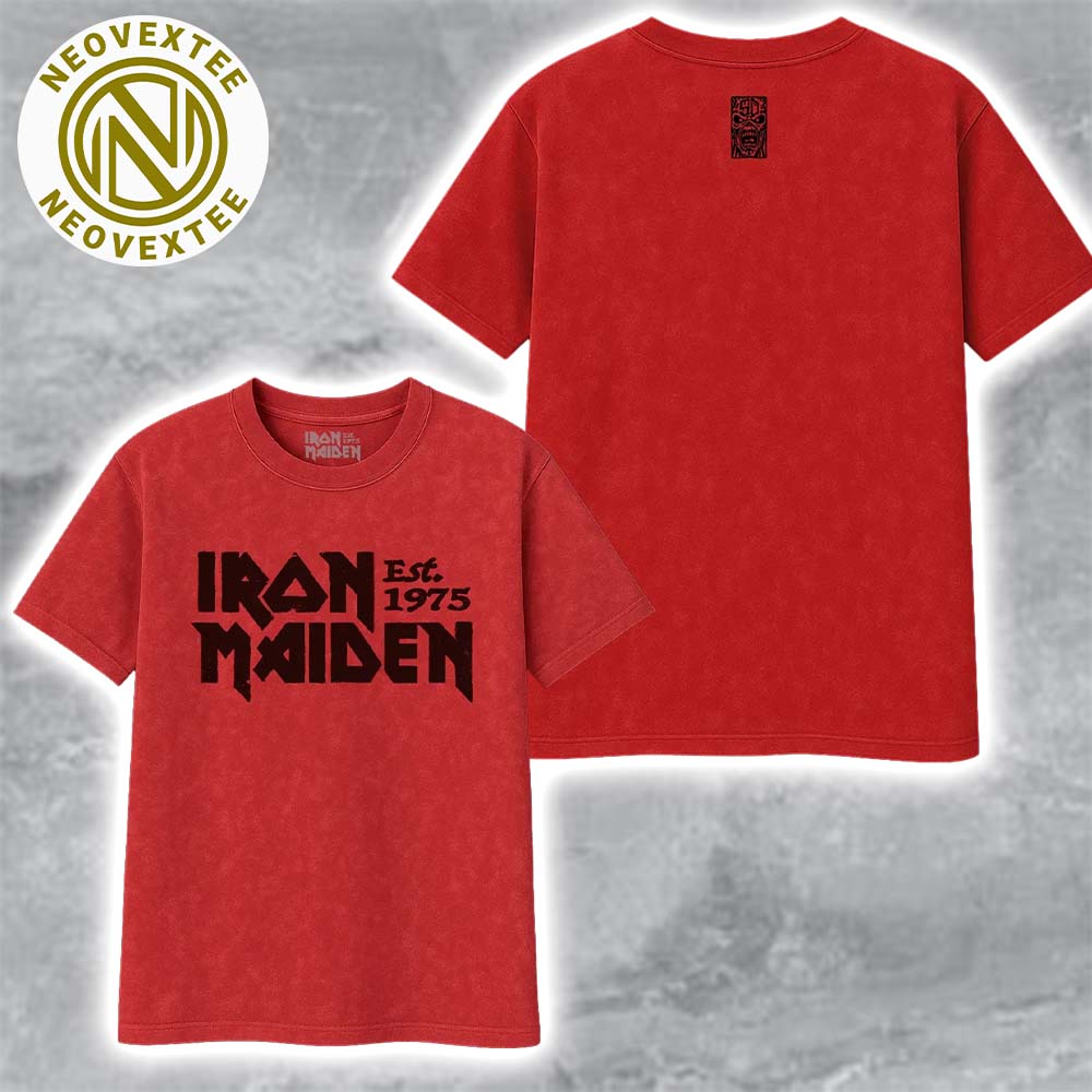 Iron Maiden Est 1975 Logo IM50 Eddie 50th Anniversary Vintage Red Two Sided Print T-Shirt Iron Maiden Est 1975 Logo IM50 Eddie 50th Anniversary Vintage Red Two Sided Print T-Shirt