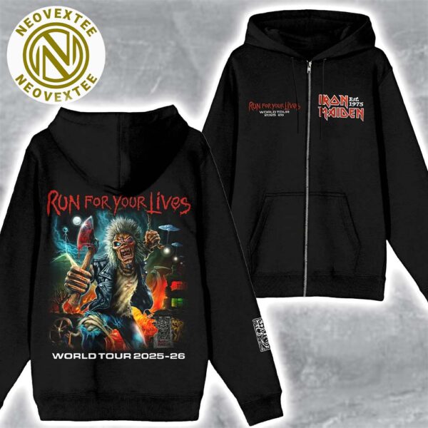 Iron Maiden Run For Your Lives World Tour 2025 Iron Maidens Est 1975 With 50th Anniversary IM50 Logo Zip Hoodie T-Shirt
