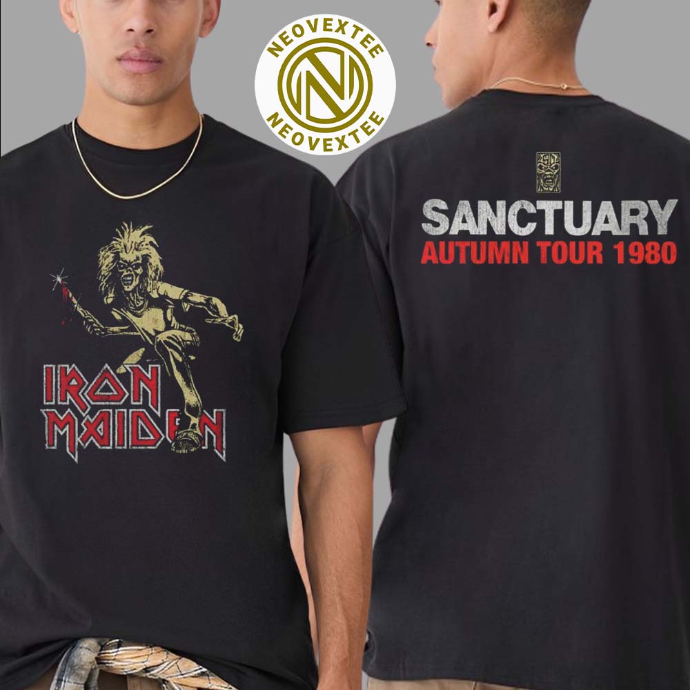 Iron Maiden Sanctuary Eddie 1980 Tour 50th Anniversary Celebration Black Two Sided Print T-Shirt Iron Maiden Sanctuary Eddie 1980 Tour 50th Anniversary Celebration Black Two Sided Print T-Shirt