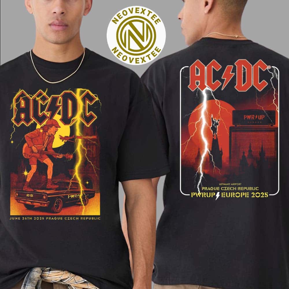 ACDC Prague Czech Republic PWR Up Europe 2025 Tour Merchandise Tee At Letnany Airport On June 26 2025 Two Sided Print Unisex T-Shirt ACDC Prague Czech Republic PWR Up Europe 2025 Tour Merchandise Tee At Letnany Airport On June 26 2025 Two Sided Print Unisex T-Shirt