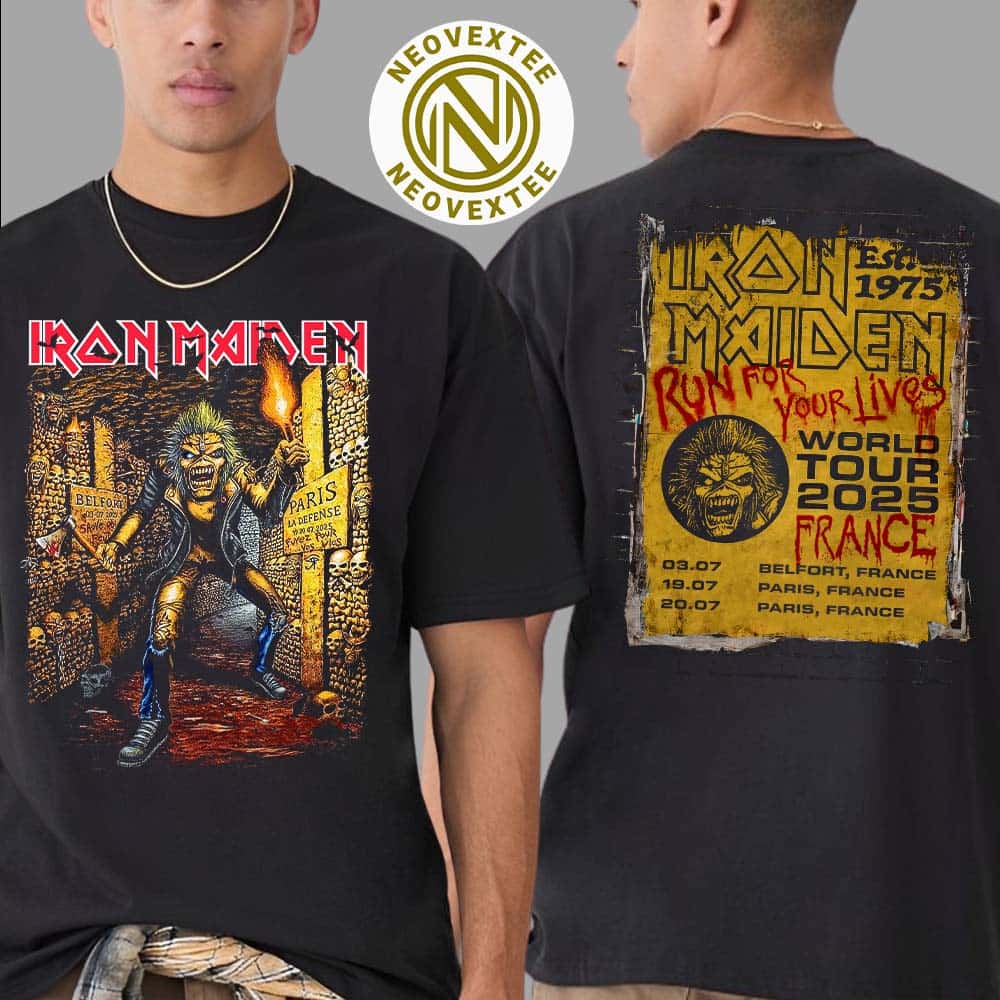 Iron Maiden France Run For Your Lives World Tour 2025 Event Tee Start In Belfort France On July 3 2025 Two Sided Print Unisex T-Shirt Iron Maiden France Run For Your Lives World Tour 2025 Event Tee Start In Belfort France On July 3 2025 Two Sided Print Unisex T-Shirt