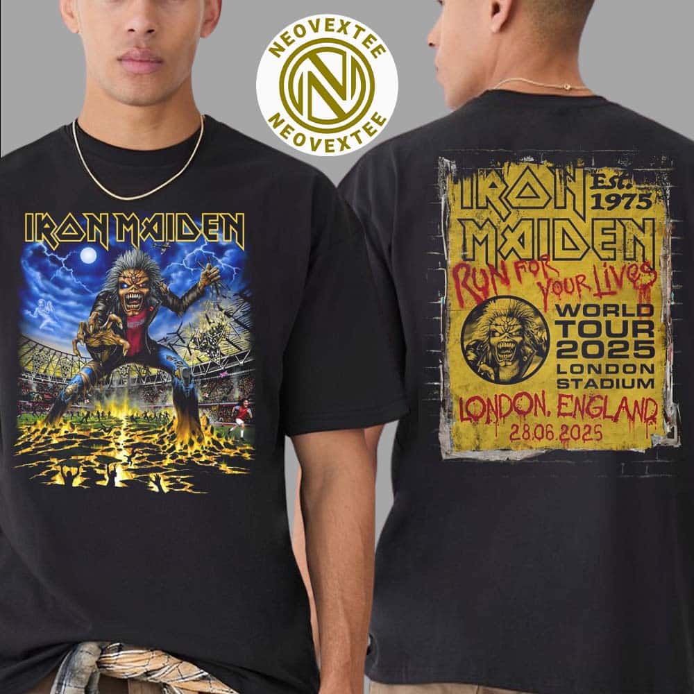 Iron Maiden London England 2025 Merchandise Tee At London Stadium On June 28 Run For Your Lives World Tour 2025 Two Sided Print Unisex T-Shirt Iron Maiden London England 2025 Merchandise Tee At London Stadium On June 28 Run For Your Lives World Tour 2025 Two Sided Print Unisex T-Shirt