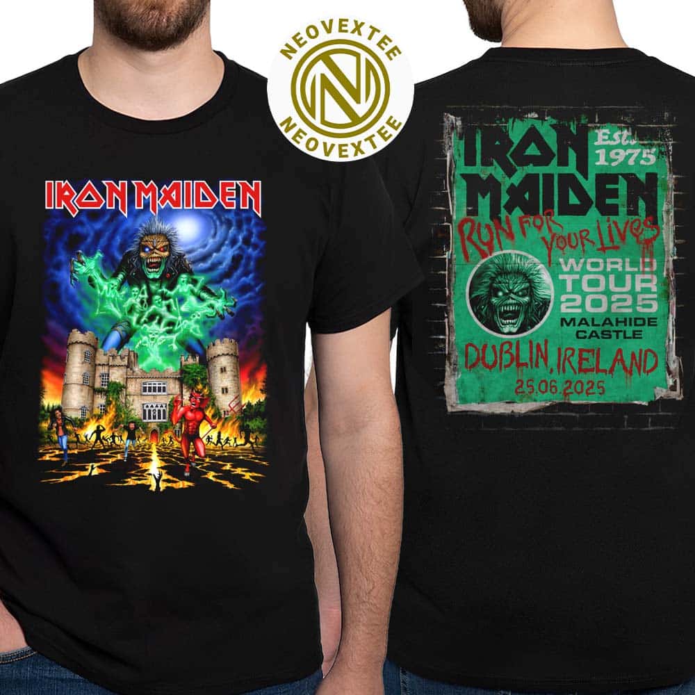 Iron Maiden Run For Your Lives 2025 Tour Dublin Ireland Exclusive Tee At Malahide Castle On June 25 2025 Two Sided Black T-Shirt Iron Maiden Run For Your Lives 2025 Tour Dublin Ireland Exclusive Tee At Malahide Castle On June 25 2025 Two Sided Black T-Shirt