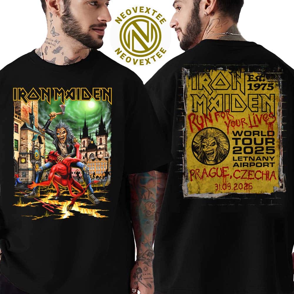 Iron Maiden Run For Your Lives 2025 Tour Prague Tee In Czechia At Letnany Airport On May 31 2025 Two Sided Print Unisex T-Shirt Iron Maiden Run For Your Lives 2025 Tour Prague Tee In Czechia At Letnany Airport On May 31 2025 Two Sided Print Unisex T-Shirt