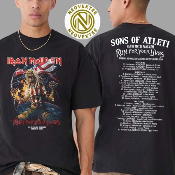Iron Maiden Sons Of Atleti Heavy Metal Fans ATM Run For Your Lives World Tour 2025-26 Dates Tour Metropolitano Rising Artwork Classic T-Shirt