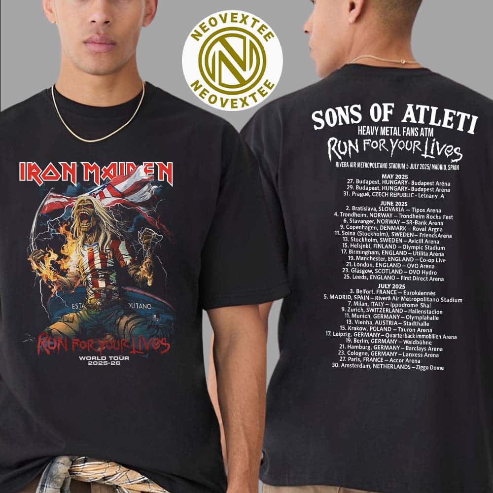 Iron Maiden Sons Of Atleti Heavy Metal Fans ATM Run For Your Lives World Tour 2025-26 Dates Tour Metropolitano Rising Artwork Classic T-Shirt Iron Maiden Sons Of Atleti Heavy Metal Fans ATM Run For Your Lives World Tour 2025-26 Dates Tour Metropolitano Rising Artwork Classic T-Shirt